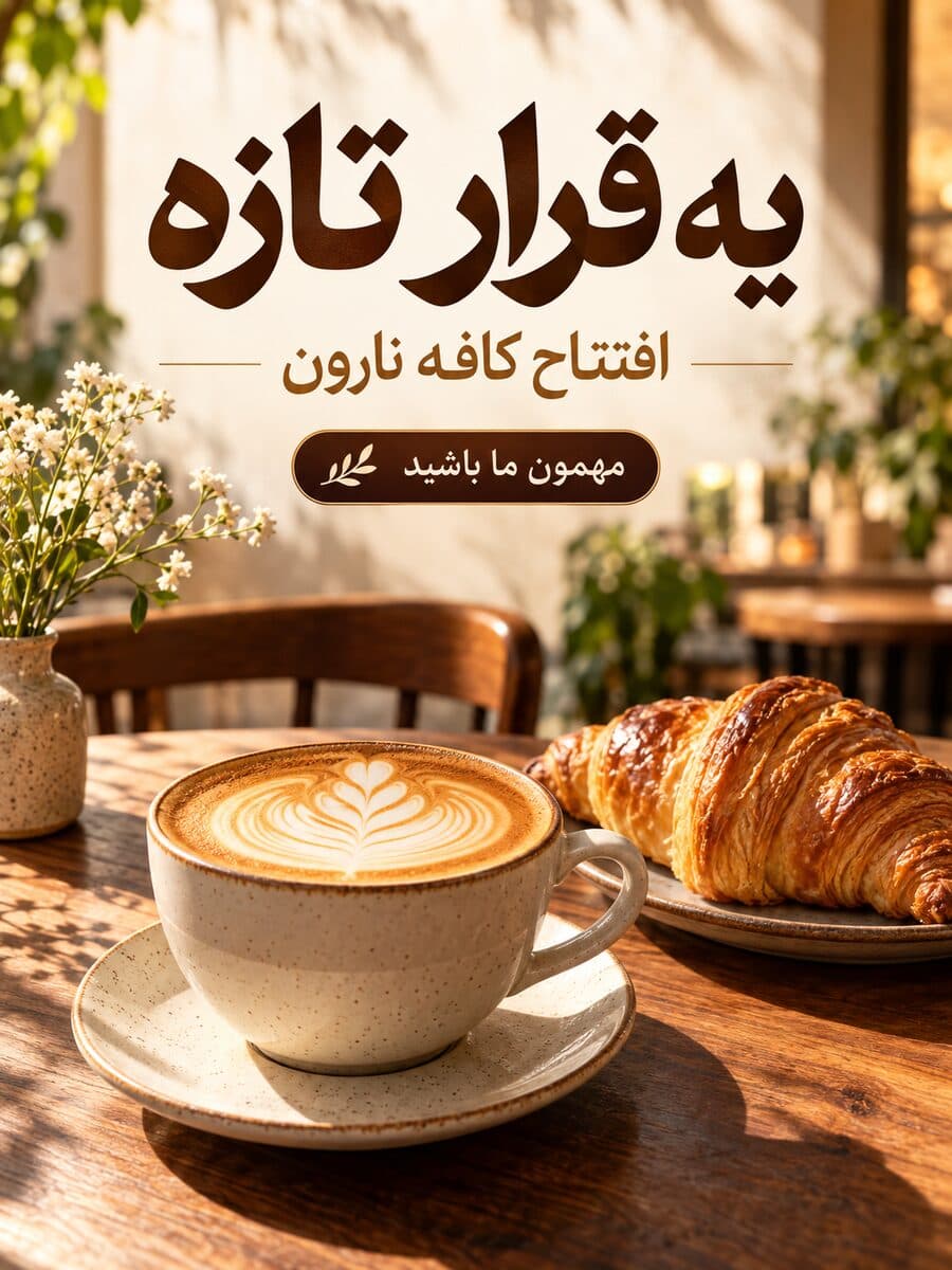 پوستر افتتاحیه‌ی کافه با فنجان کاپوچینو و کروسان، ساخته‌شده با هوش مصنوعی