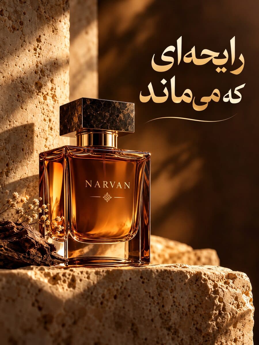 پوستر اینستاگرامی معرفی عطر روی سنگ تراورتن، ساخته‌شده با هوش مصنوعی